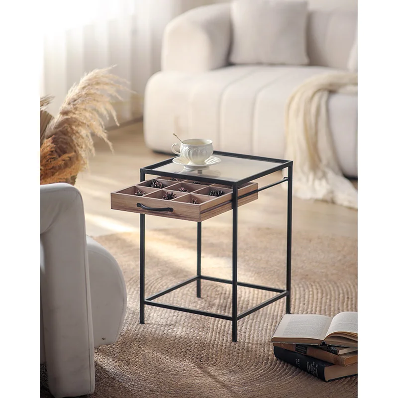 Modern Glass Side Table Set, Iron Frame, Fir Wood, MDF Veneer, Grid Drawer, Industrial Coffee Table, Home Decor, 2 Piece, 7.65kg