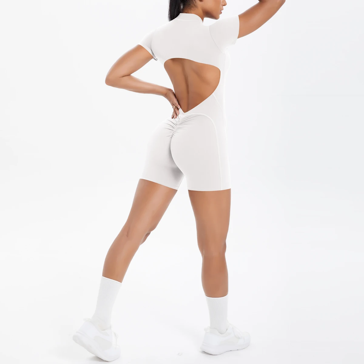 Ausgehöhlter, rückenfreier, kurzärmliger Reißverschluss-Overall für Damen, Overall, Yoga-Anzug, einteilige Legging, kurze Push-Up-Gymnastik-Yoga-Kleidung – Detail 8