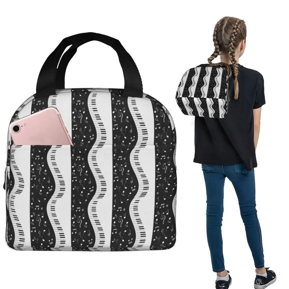 Abstract Piano Keys With Musical Notes9 Insulated Lunch Bag for Women Children Leakproof Food Boxes Thermal Lunch Box Tote