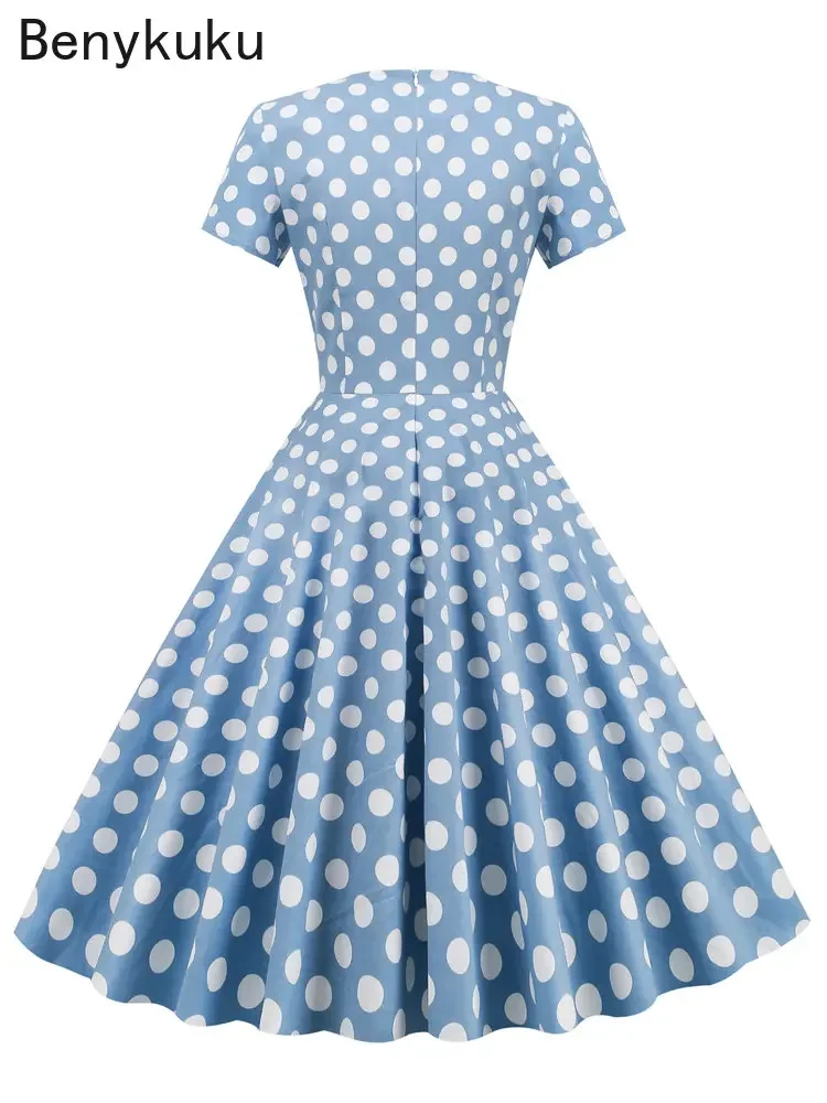 Polka Dot Cotton Vintage Midi Dress Ladies Hepburn style Retro Clothing V-Neck Button Front Short Sleeve Summer Robe for Women