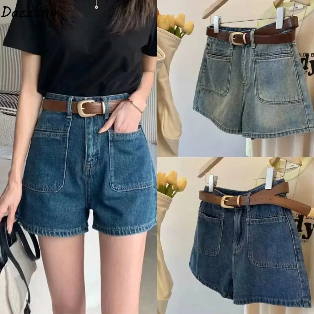 

Vintage Two Pocket Denim Shorts Women Wide Leg Basic Baggy Blue Jeans Streetwear High Waist Denim Pants Trousers College