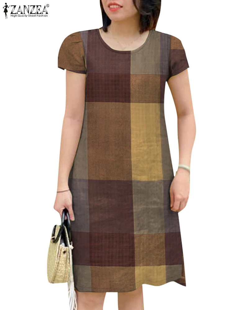 ZANZEA Abito da donna vintage a maniche corte scozzese a quadri 2025 Vestito estivo estivo Elegante O collo al ginocchio Abiti da lavoro Robe Femme