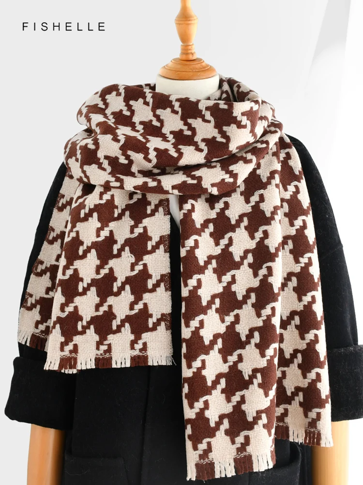 

Houndstooth brown 100% wool scarf winter women scarves warm shawl warps soft long classical neckerchief lady