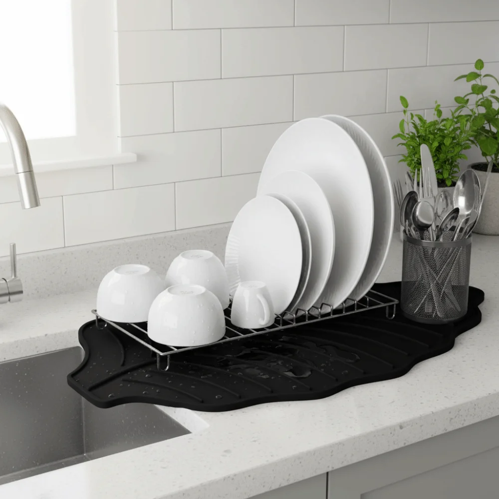 Silicone Leaf Shape Kitchen Dish Draining Mat Non-Slip Slop Design Kitchen Dish Drying Mat Water Guide Groove Thickened