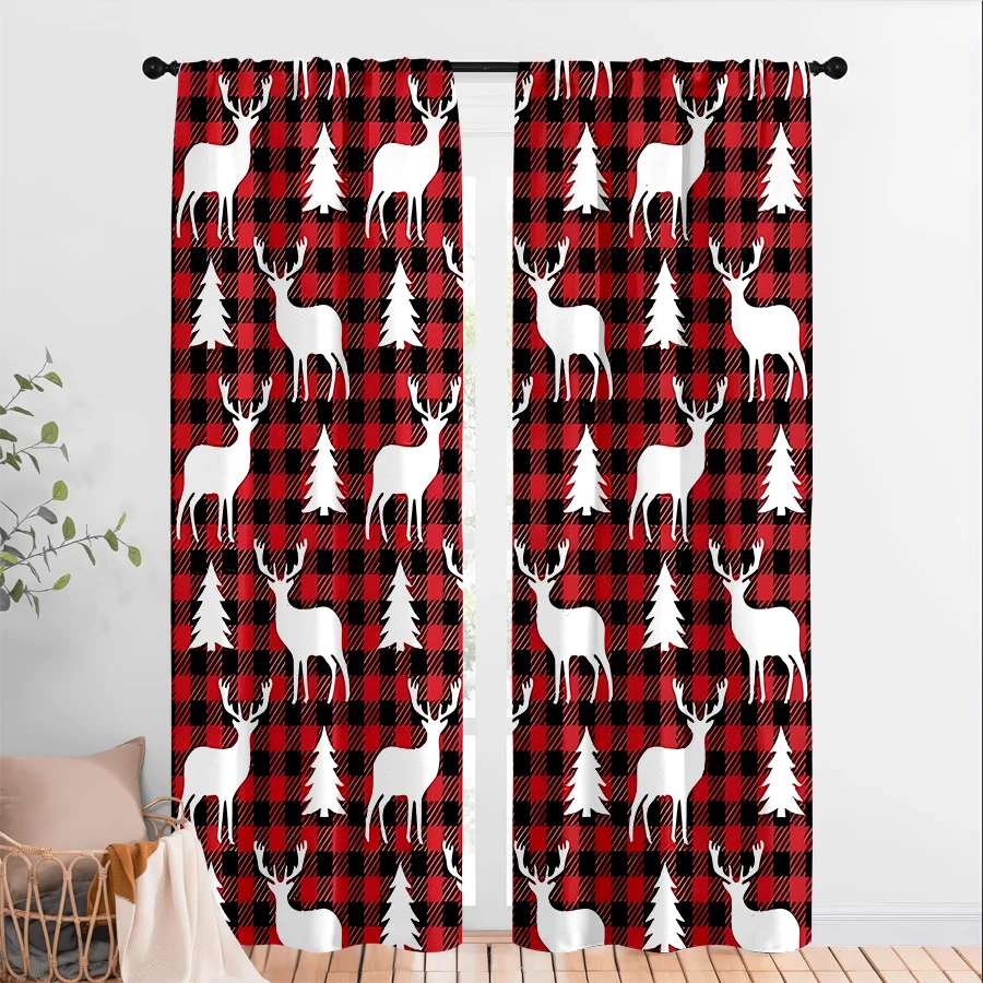 2PCS Christmas Curtains, Red Plaid Reindeer, Digital Print, Bedroom Living Room Kitchen, Rod Pocket Polyester, Home Decor