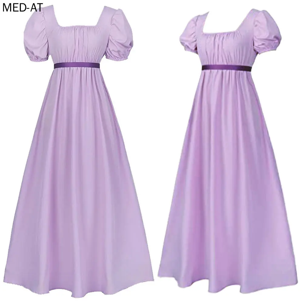 Abiti da Regency per donna con fascia in raso manica a sbuffo arruffata abito a vita impero abito Jane Austen Costume Cosplay XS-3XL