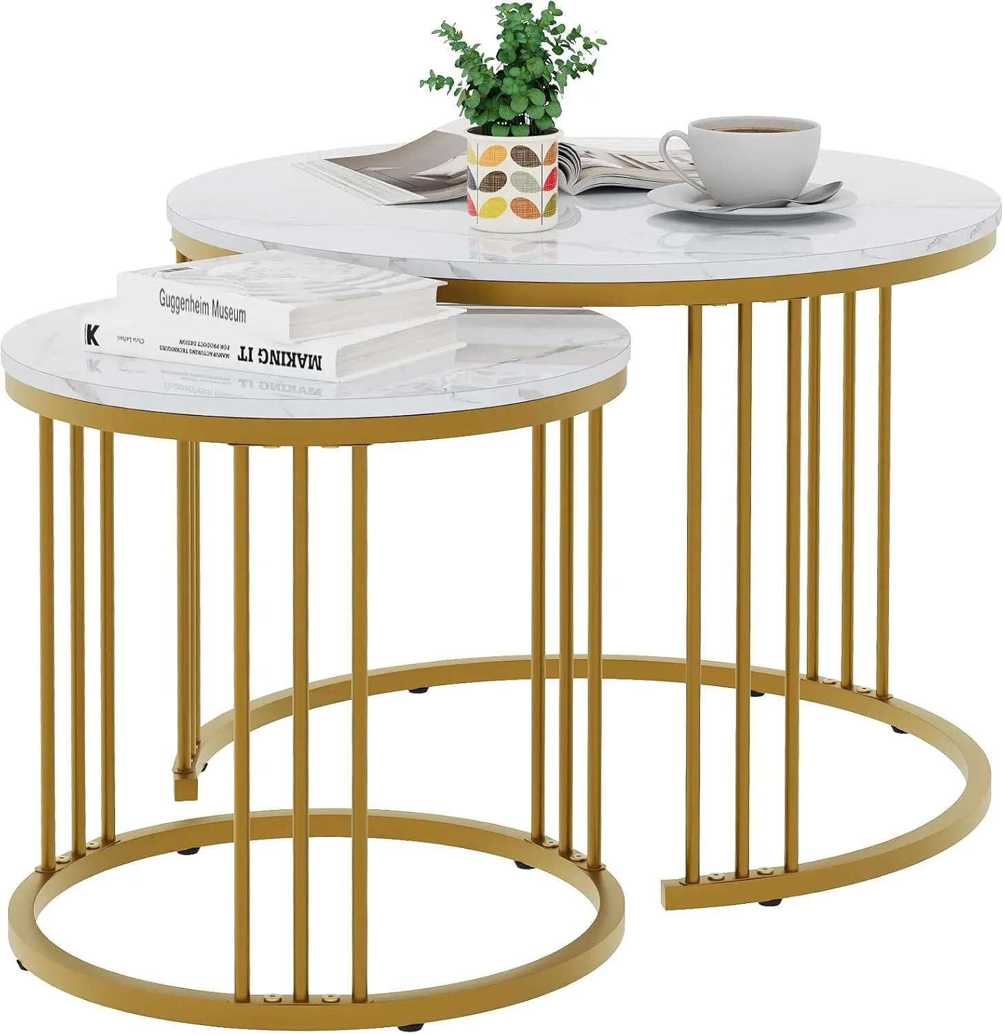 

Faux Marble Nesting Coffee Table Set 2-Tier Modern End Side Table for Living Room Bedroom White Gold