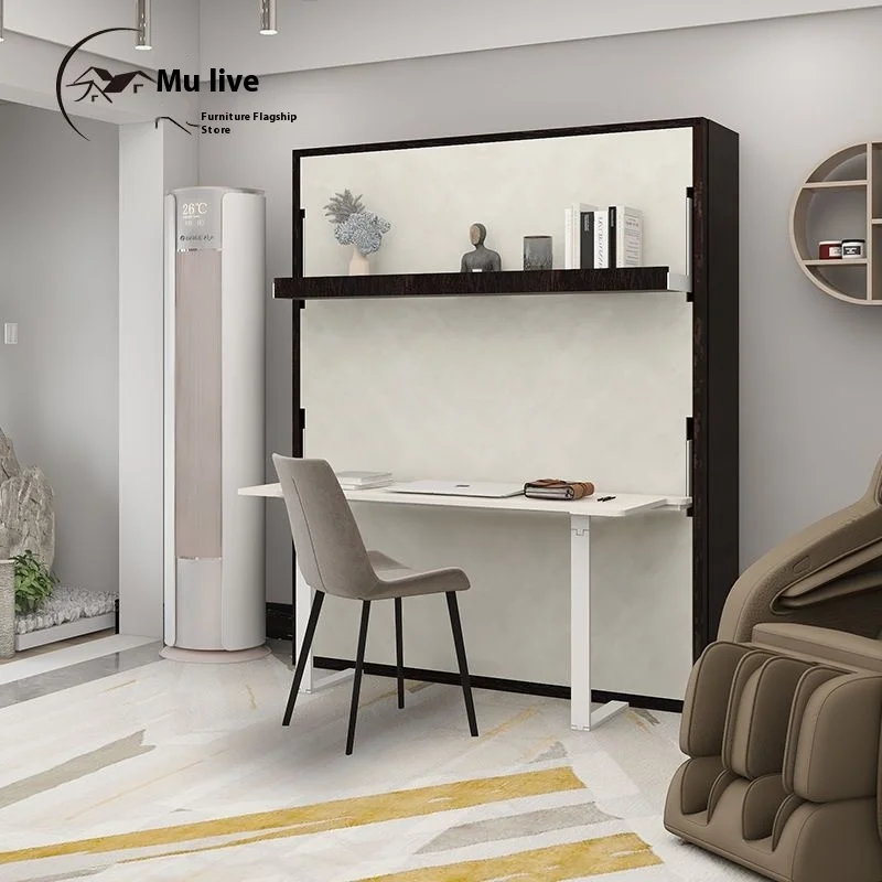 Motorized Wall Bed with Remote Control and Desk Invisible Wall Folding Design Murphy Bed for Small Oak Bedroom Study Furniture