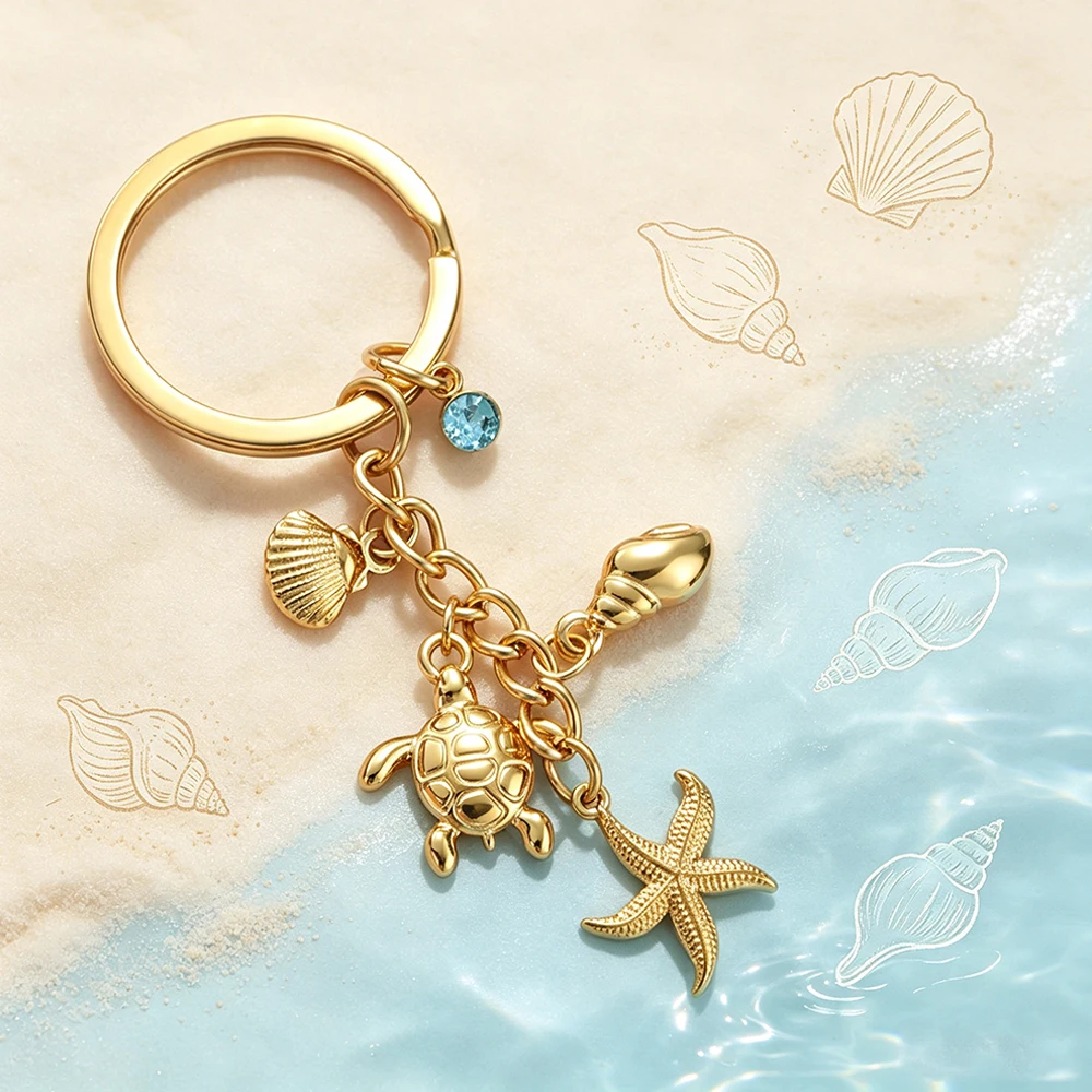 Turtle Starfish Shell Keychain Ocean Theme Stainless Steel Seashell Conch Crystal Charms Key Ring Fashion Beach Bag Holiday Gift