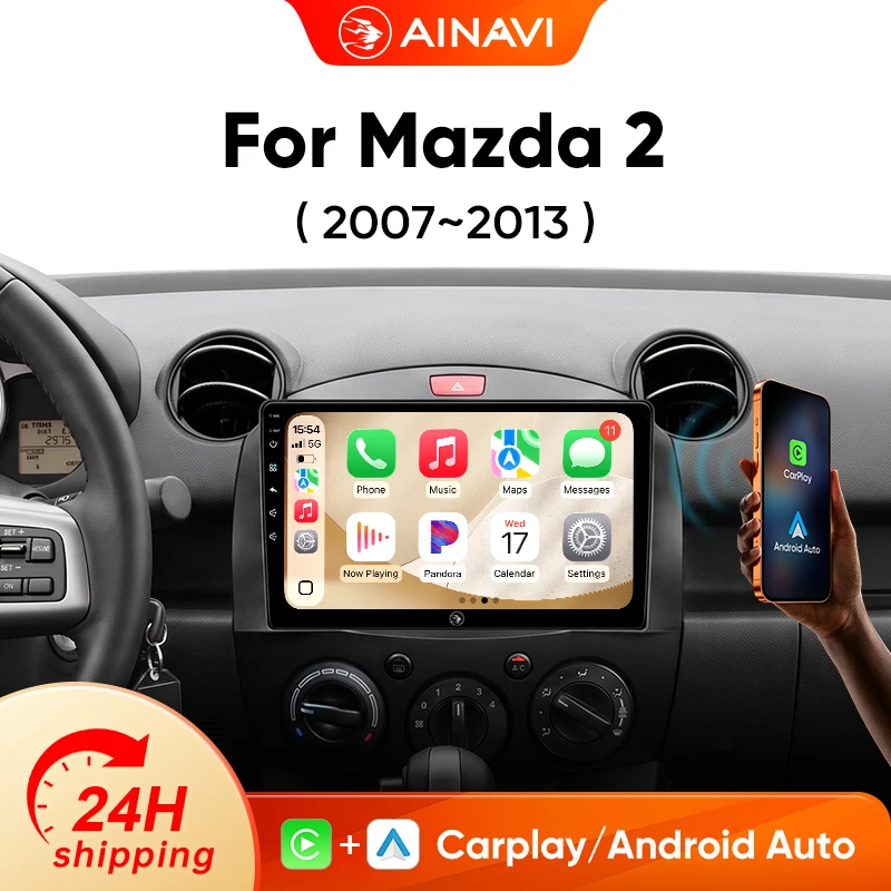 Autoradio AINAVI per MAZDA 2 Mazda2 2007-2014, con Carplay wireless, Android Auto, lettore multimediale per auto, sistema stereo 2 Din, 4G.