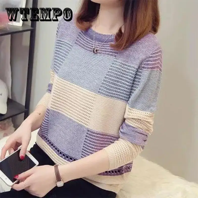 WTEMPO Thin Hollow Knit Sweater Spring Women's Autumn Top Colorblock Loose Striped Long Sleeve Striped Knitwear