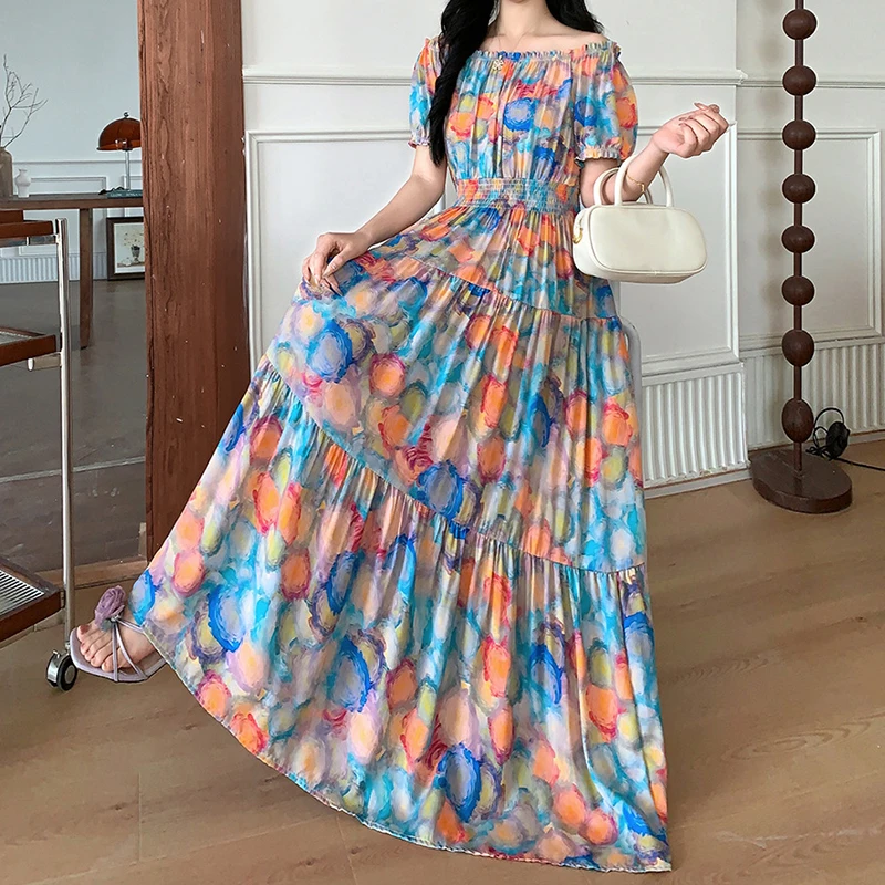 Abito estivo con scollo a barchetta per donna Abito floreale sottile Abiti lunghi Boho Abiti indiani bohémien Abiti casual alla moda coreana