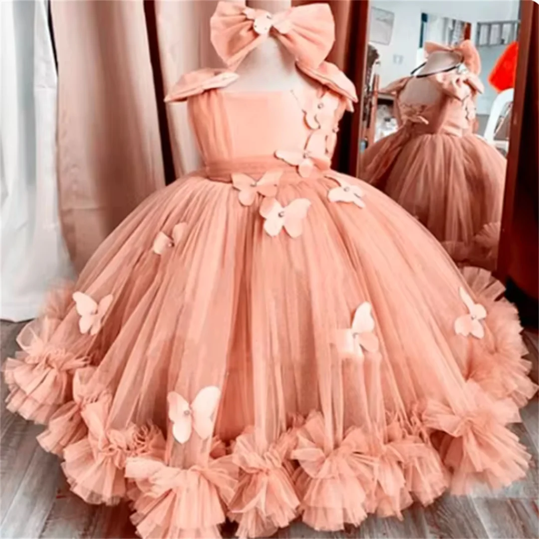 Cute Flower Girl Dresses For Wedding Puffy Tulle 3D Butterflies Princess Birthday Party Ball Gowns First Communion Dress