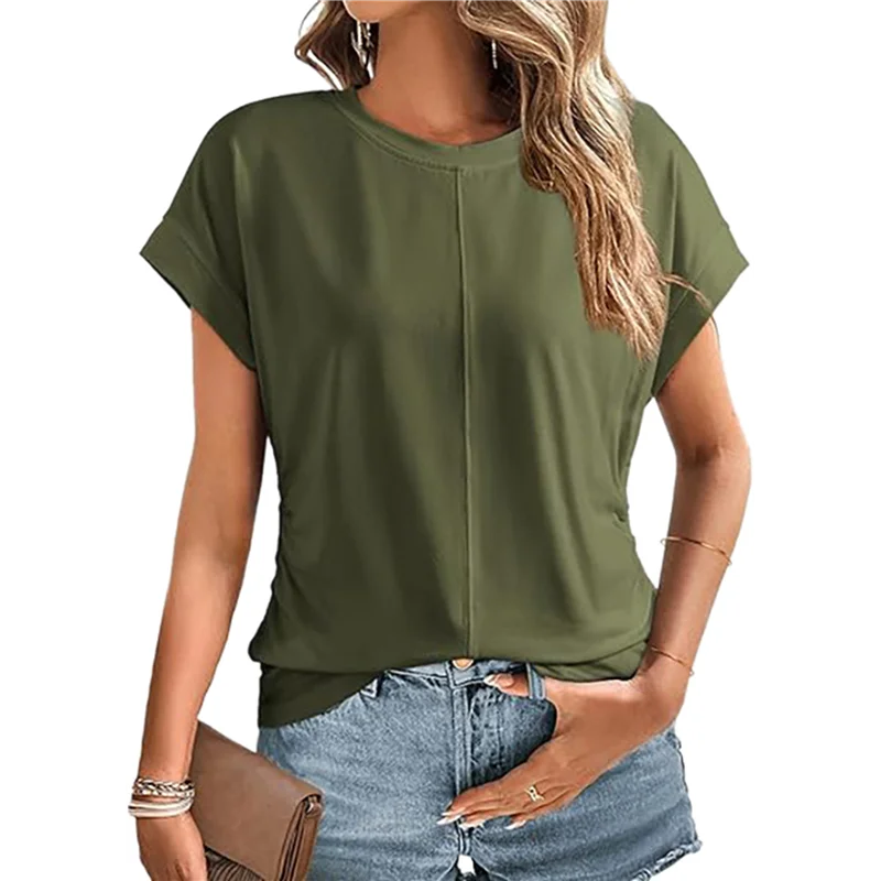 

Women Round Neck Cap Sleeve Side Ruched Summer Tops