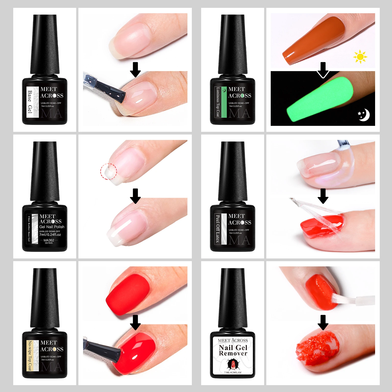 พบกับข้าม 6 ชิ้นอเนกประสงค์เจลเล็บชุดฐานเจล Top Coat Glow in Dark Top Coat เล็บเจล Remover Kit เจลที่มีสีสัน