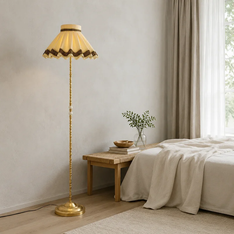 Vintage French Fabric Pleated Shade Scalloped Edge Gold Finish Standing Fixture For Living Room Bedroom Home Design Floor Lamp