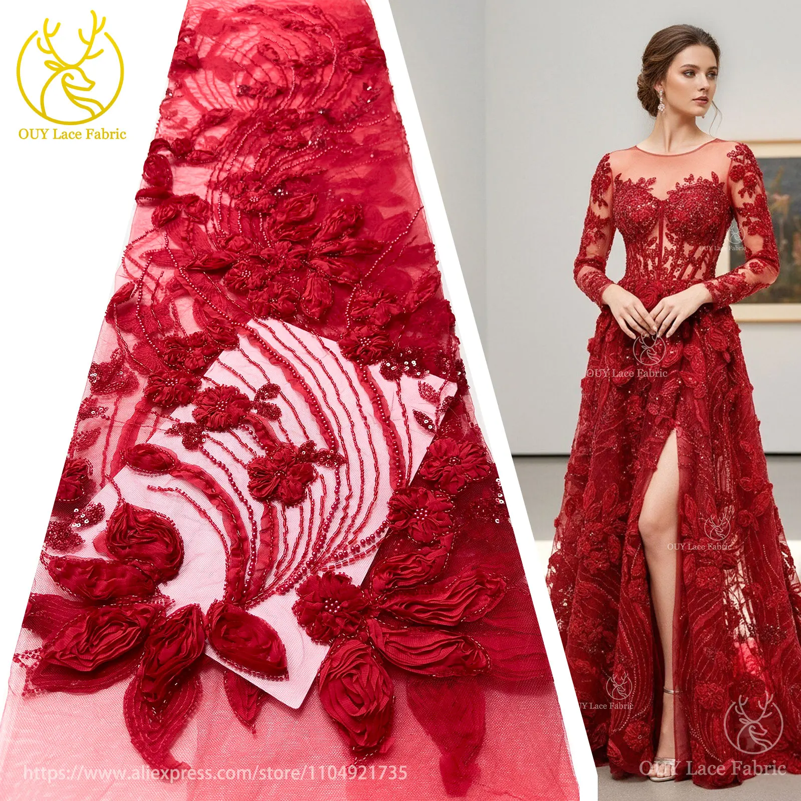 Newest Africa Nigeria Elegant 3D Flower Embroidery Fabric High Quality French Beaded Sequins Tulle Lace Fabric For Party Wedding