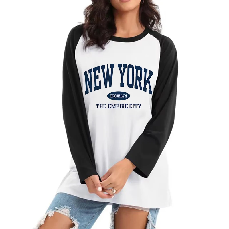 

New York Letter Print Round Neck Tshirt Women's Long Sleeve T Shirt All Seasons Graphic Y2k Tshirt 90s Gothic Tees Tops Clothes