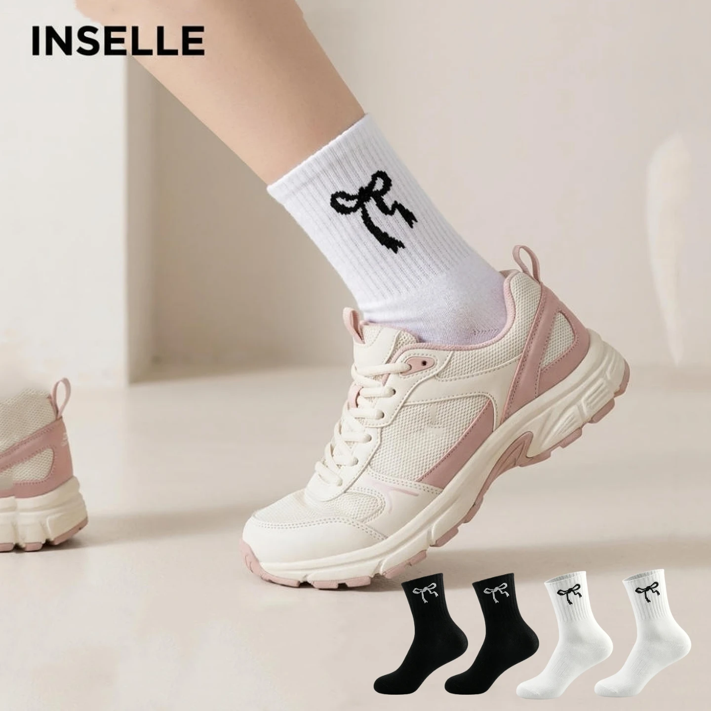 4 Paar Balletcore-Style-Socken mit Schleifenmuster und rundem Halsausschnitt, weiße Hosenträgersocken, bequeme Freizeit-Sportsocken