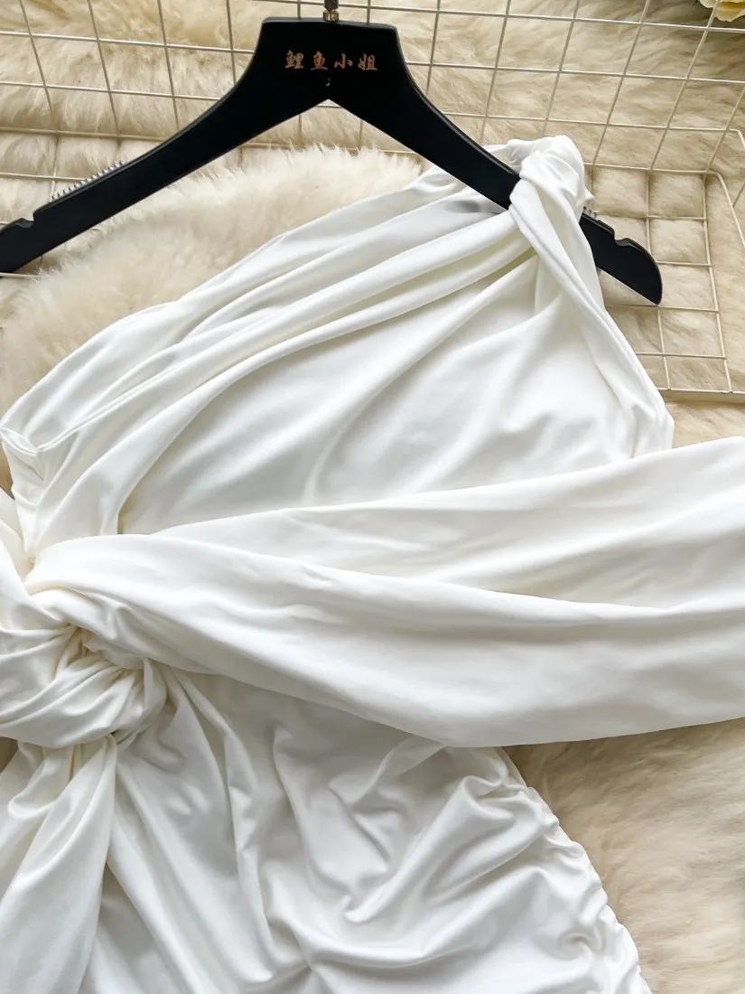 Foamlina Summer Irregular Twisted Slim Fit Top Vest Socialite One Shoulder Vest Design Mature Sexy Girl's White Crop Top Tanks