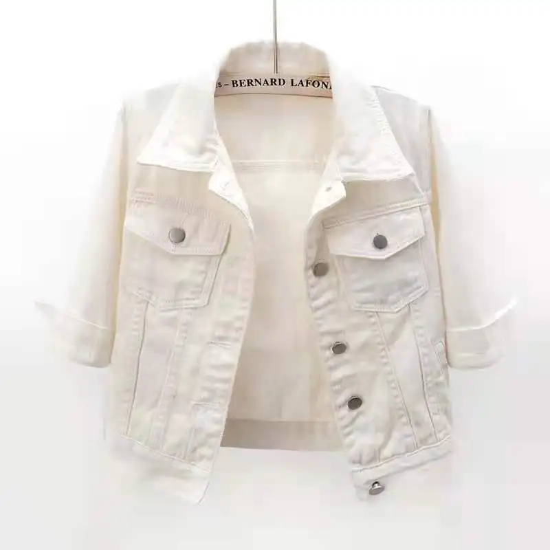 

Women Spring Autumn Denim Jacket Tops Pink Color Solid Short Multicolor Feminino Three Quarter Sleeve Jean Jackets For Women