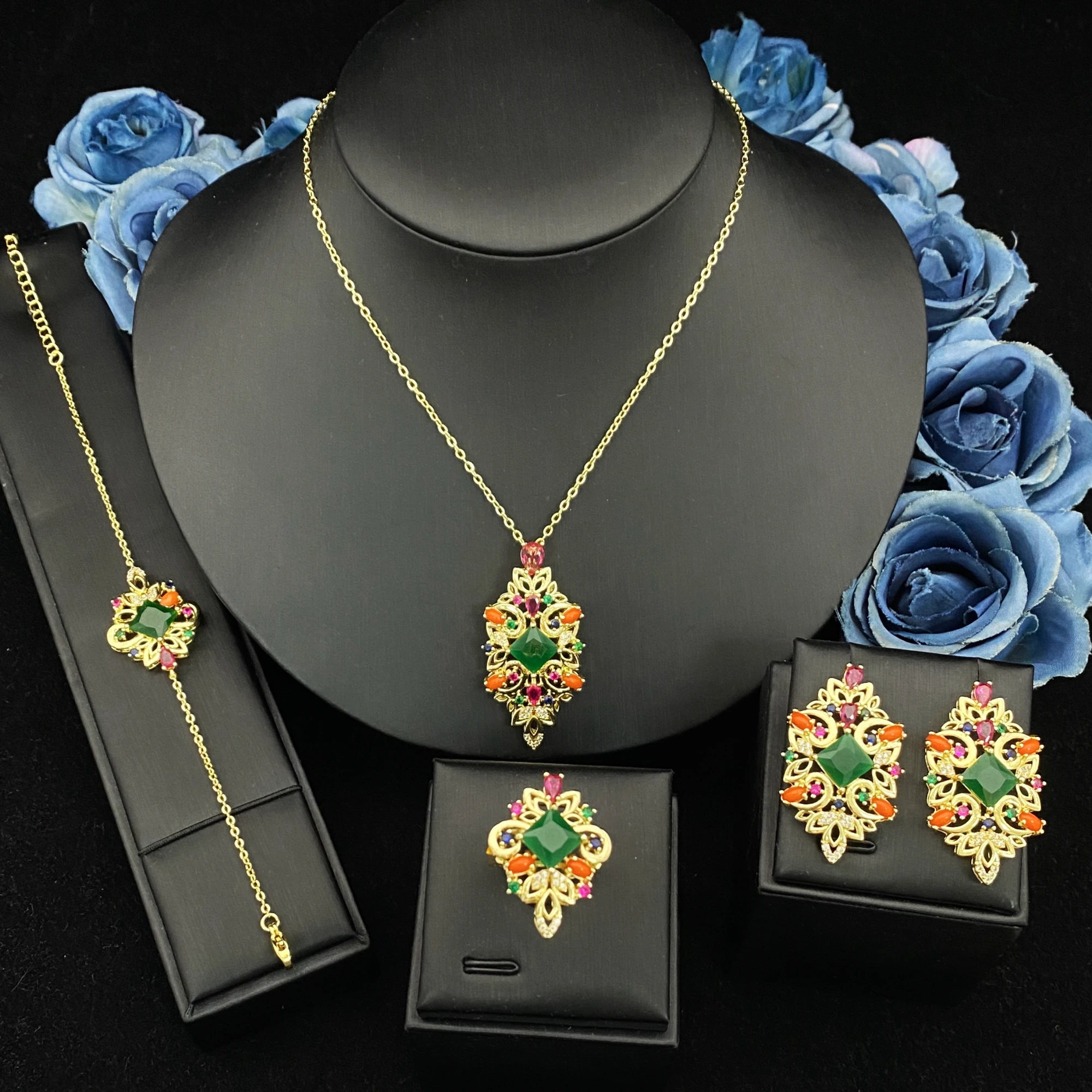 

Ювелирный набор JRH Simplicity с цирконами: позолоченные медные ожерелье, серьги, браслет и кольцо для повседневной носки