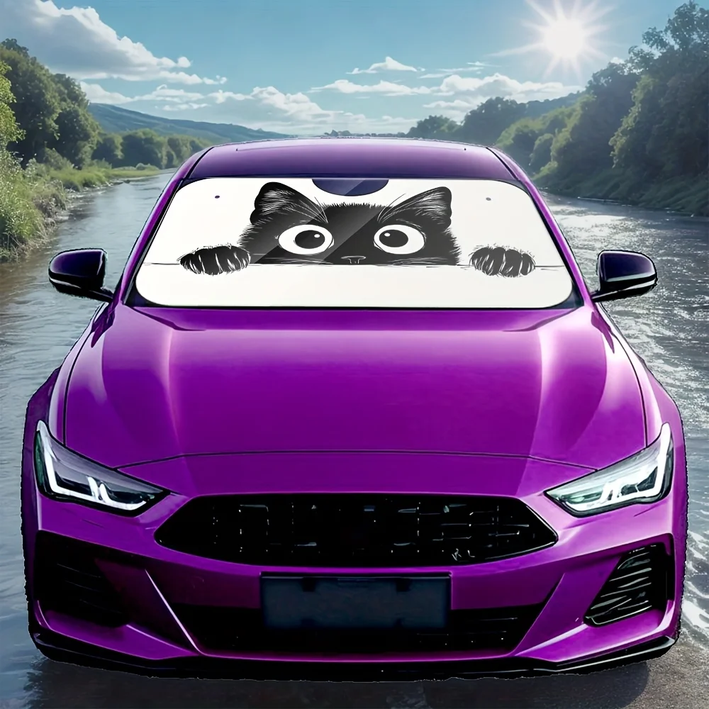 Universal Fit Cute Kitten Silhouette Art Print Car Windshield Shade Compact Design Ideal for Weekend Getaways