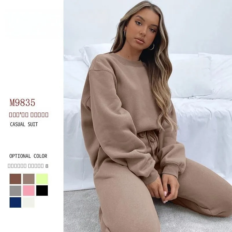 Conjunto de Moletom Casual Feminino de Manga Longa, Pulôver de Cor Pura com Calças, Roupas Elegantes para Outono e Inverno