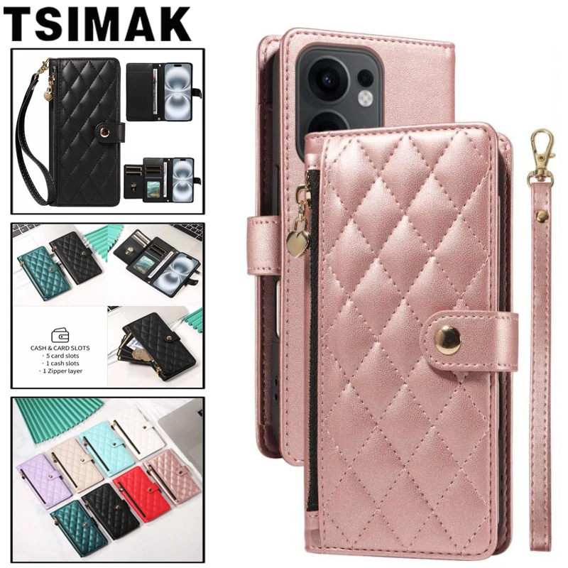 Flip Wallet Zippered Case For OPPO Reno 11 12 13 F 14 Pro Reno14 Reno13 FS 11F 12F 13F 14F 4G 5G Leather Card Slot Phone Cover