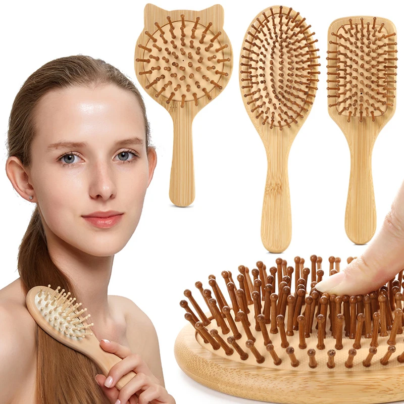 Escova de cabelo de madeira de bambu, Massagem Pente, Massageador do couro cabeludo para o crescimento do cabelo, Anti-estático, alisamento, barba macia, bebê