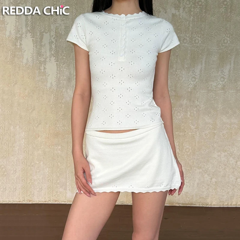 

ReddaChic Henley Neck Top Skirt Matching Set Minimalist Knit Hollow-out Baby Tee Low Rise Mini Bodycon Modern Summer Clothes