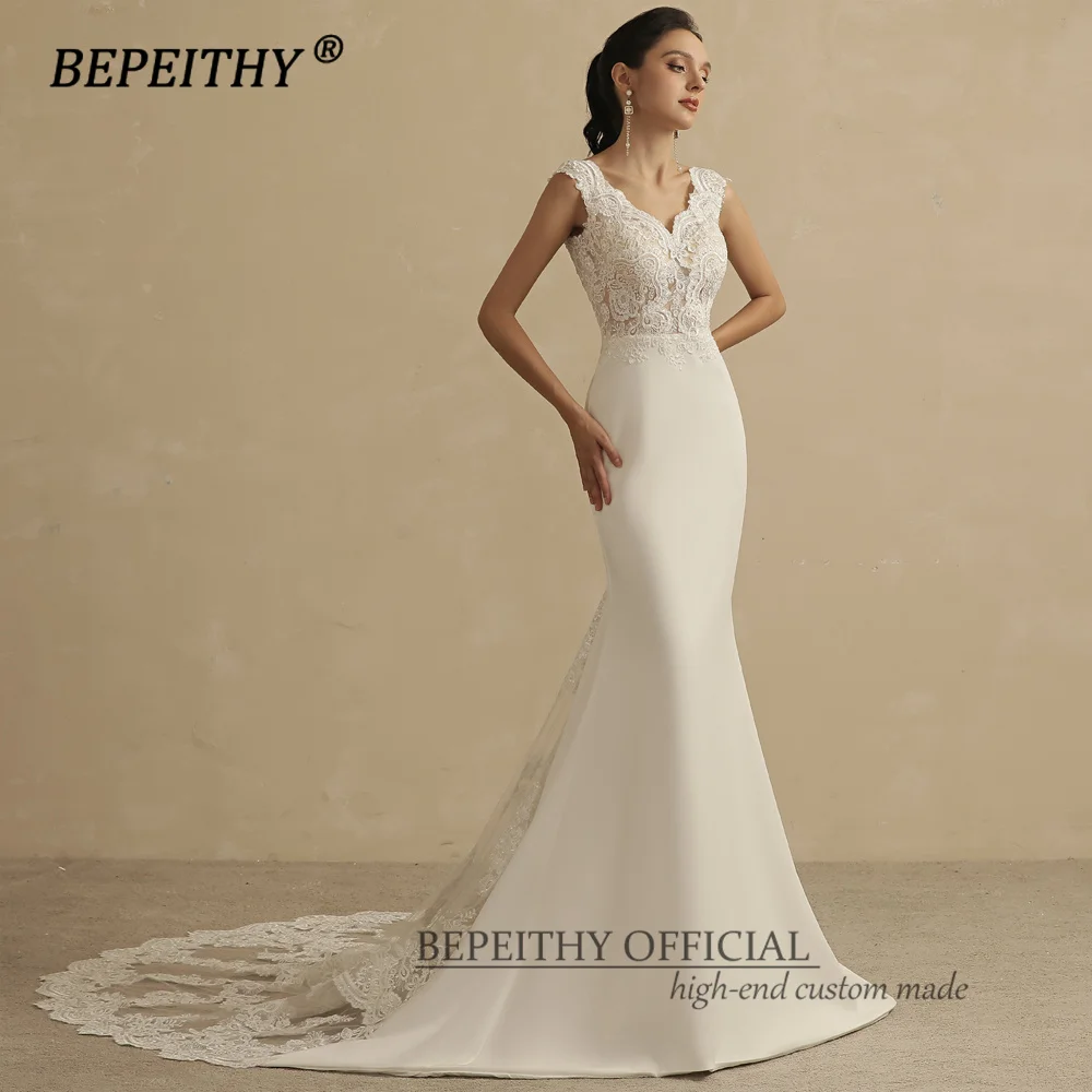 BEPEITHY Ivory V Neck Mermaid Wedding Party Dresses Sleeveless Court Train Vintage Boho Bridal Gown For Women Online Shopping