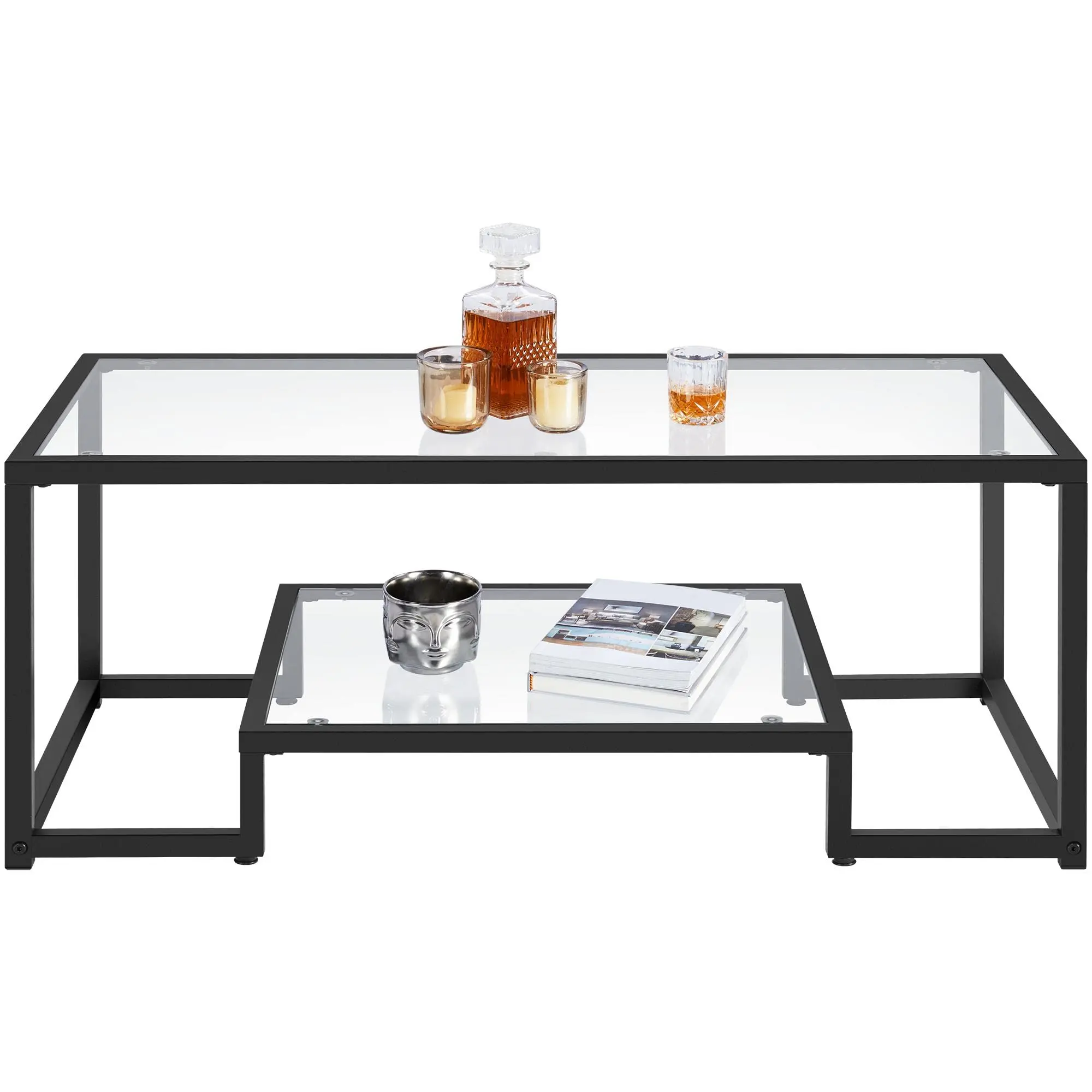 2-Layer Coffee Table, Tempered Glass Center Table with Storage Shelf, Sturdy Metal Frame Side Table, Balcony