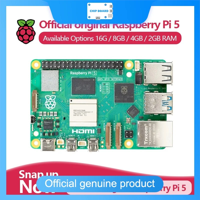 

Official Raspberry Pi 5 Single Board Computer, Cortex-A76, 2GB/4GB/8GB/16GB RAM, PCIe, Gigabit Ethernet, USB 3.0,