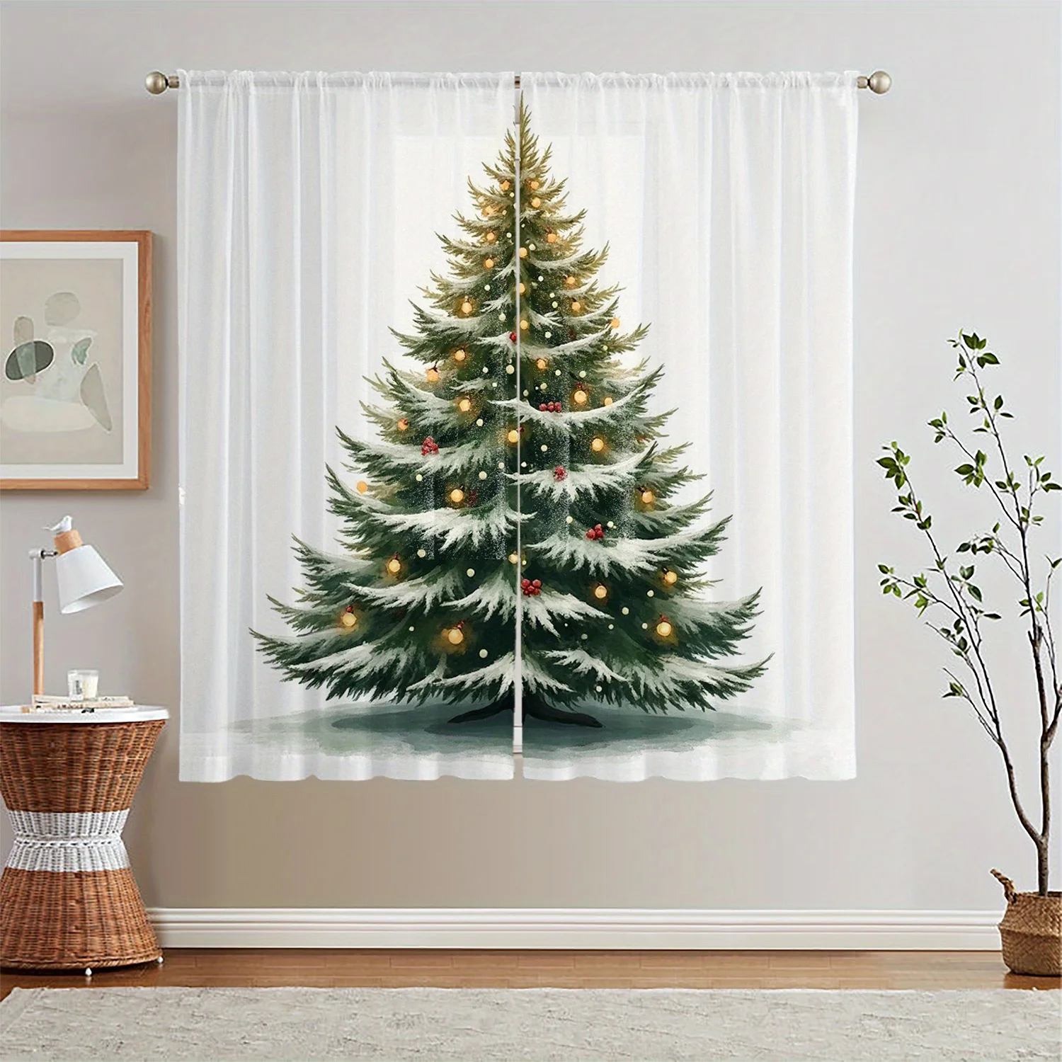 

Christmas Tree Curtains 2pcs, Green White Semi-Sheer Rod Pocket Polyester Machine Washable for Living Room Bedroom