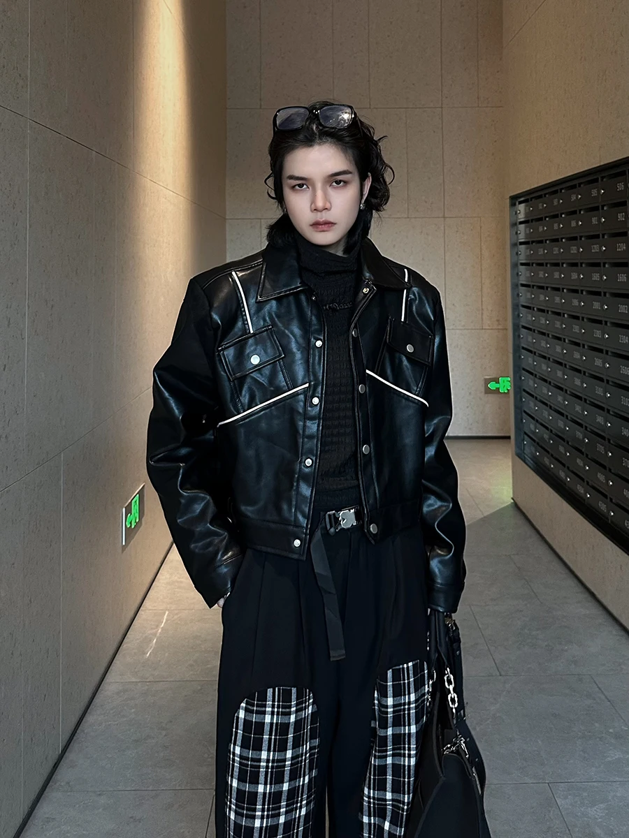 2025 Spring Autumn Line Design American Style Coats Male Contrast Color Faux Leather Jackets Casual Motorcycle Leather Jacket