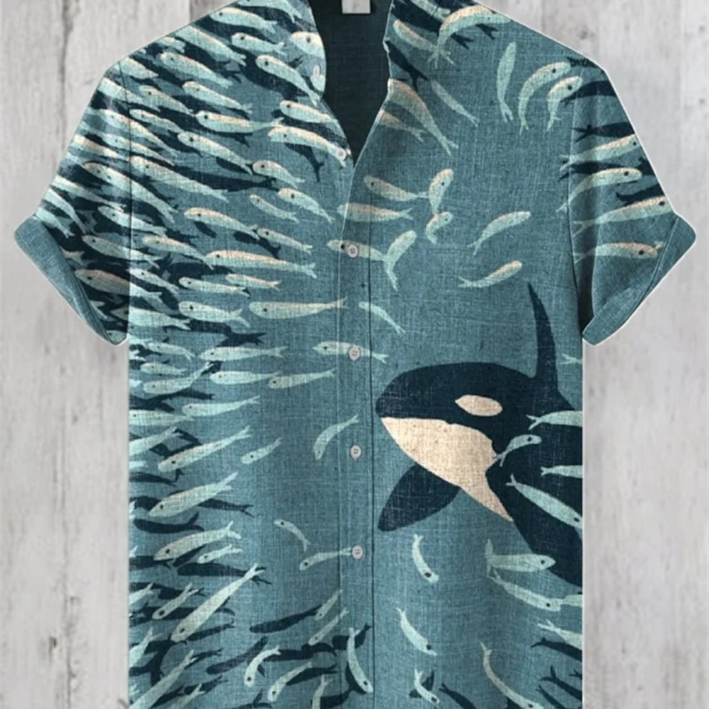 Men's Fashionable Stand up Collar Whale Pattern Retro Short Sleeve Button up Shirt High-Quality Streetwear New 2025