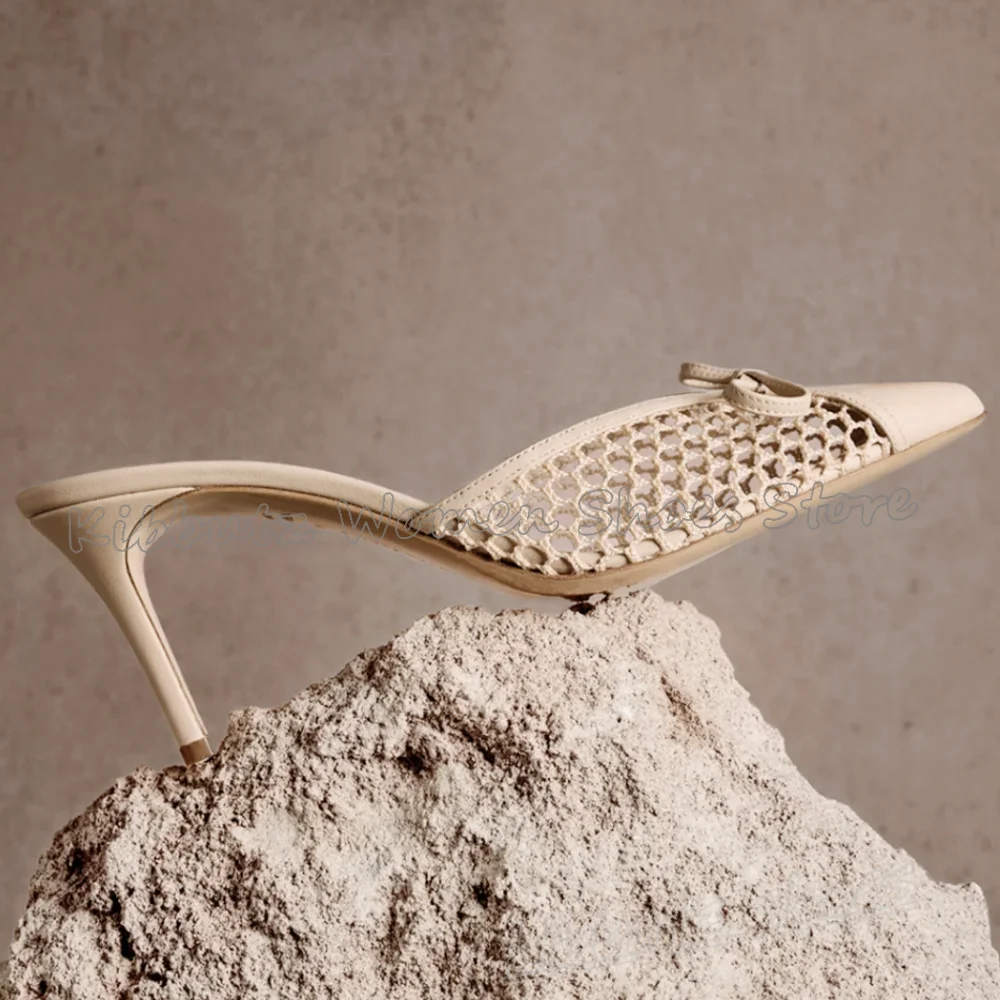 

Hollow Pumps Slipper Bows Solid Color Leather Slip-On Pointy Thin High Heel Party Wedding Fashion Elegant Concise Sexy Shoes New