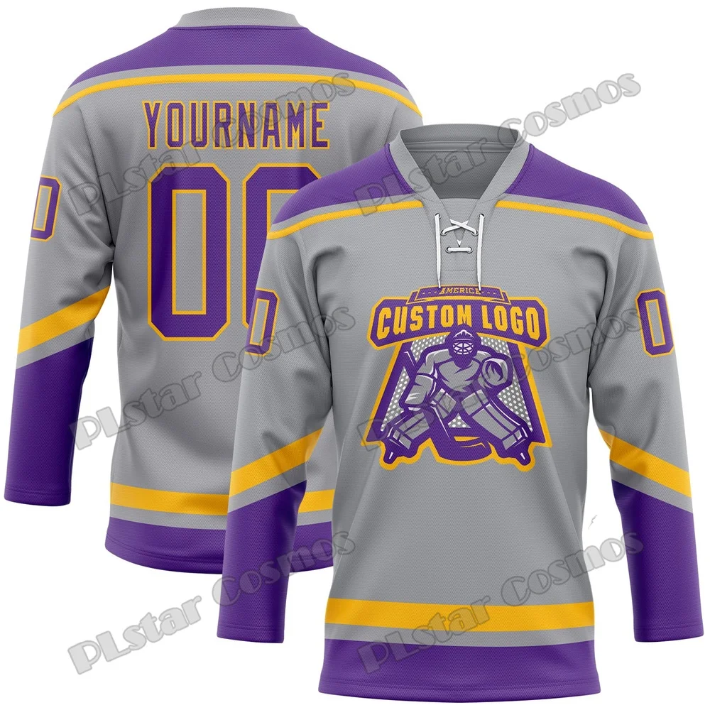 Custom Logo & Name 3D Printed Men's Hockey Jersey Gray Purple Gold Lace Neck Design Summer Unisex Fashion Sport Team Shirt YU20 view 2