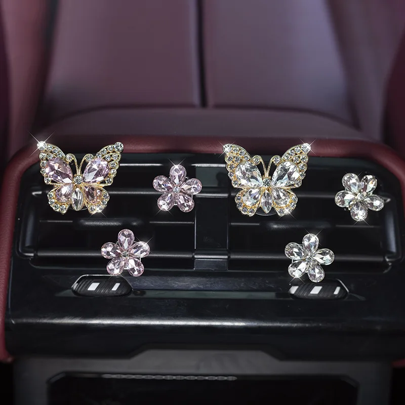 Bling Butterfly Air Vent Clips,3 Pcs Car Diffuser Vent Clip Rhinestone Diamond Flower Car Decoration Car Interior Decor Women