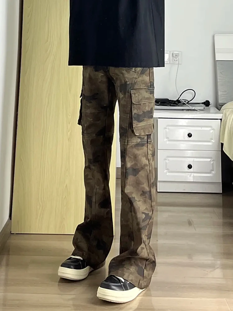 American High Street Sle Men's Camouflage Work Pants Multiple kets Spring CleanFit Knife Flare Jeans Youth Trend Cotton ...