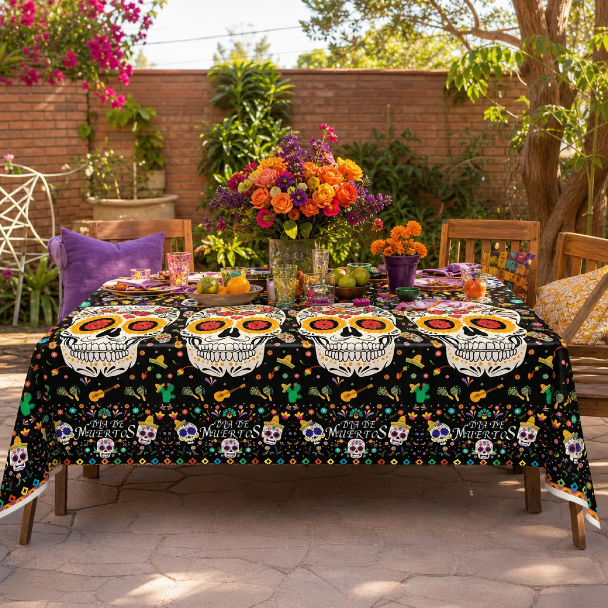 Day of the Dead tablecloth, waterproof disposable sugar skull printed tablecloth, black Mexican Day of the Dead table decoration