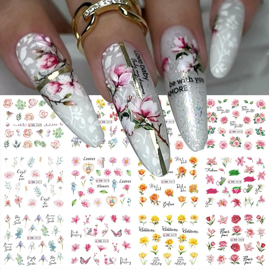12 stücke Frühling Lilie Tulpe Blumen Wasser Nagel Aufkleber Rose Blatt Transfer Nagel Aufkleber Sommer Dekoration Schneeglöckchen Wasserzeichen Slider