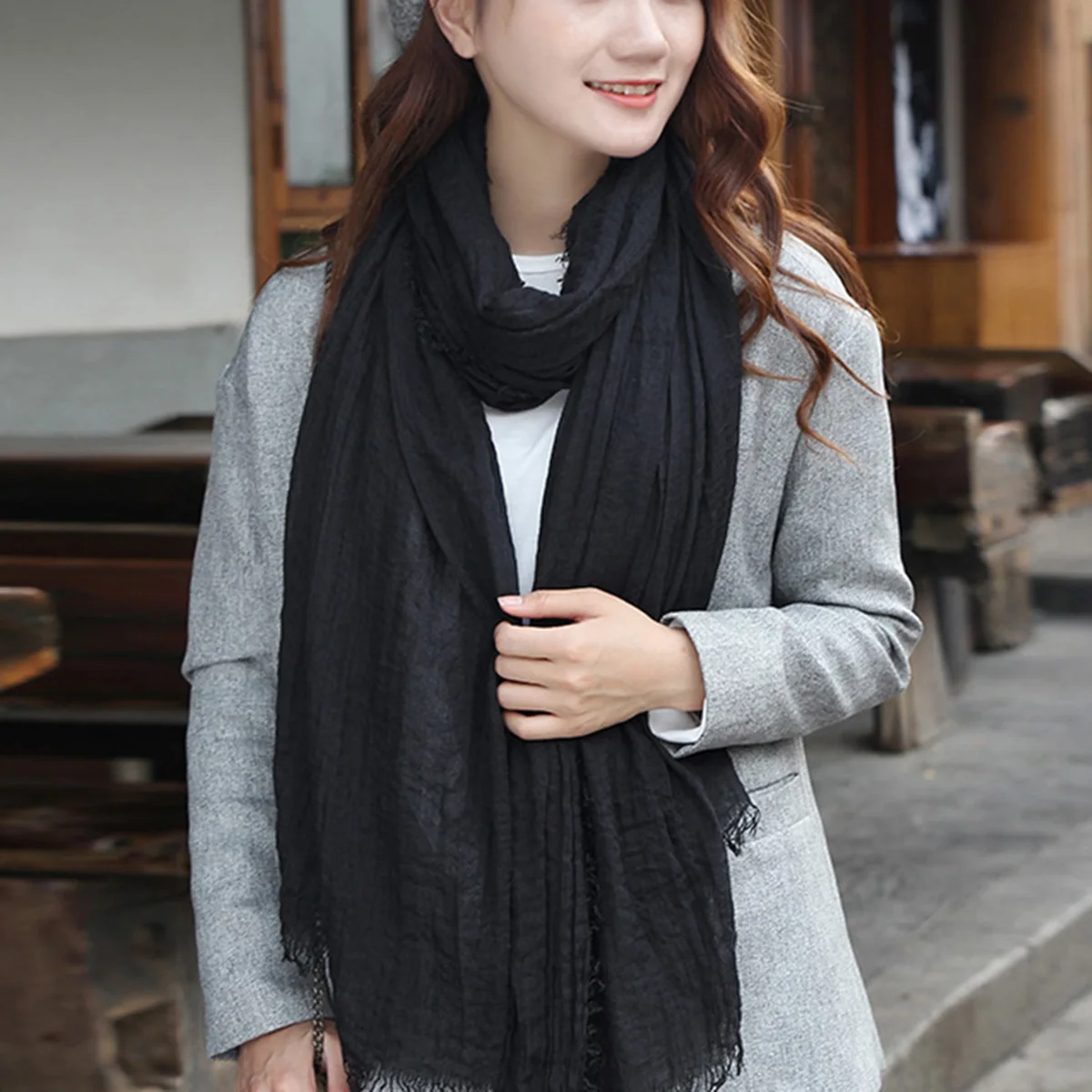 

Pure Color Linen Cotton Scarf Crumpled Design Simple Style For Women Men Black Solid Scarves Durable Premium Quality Easy Match