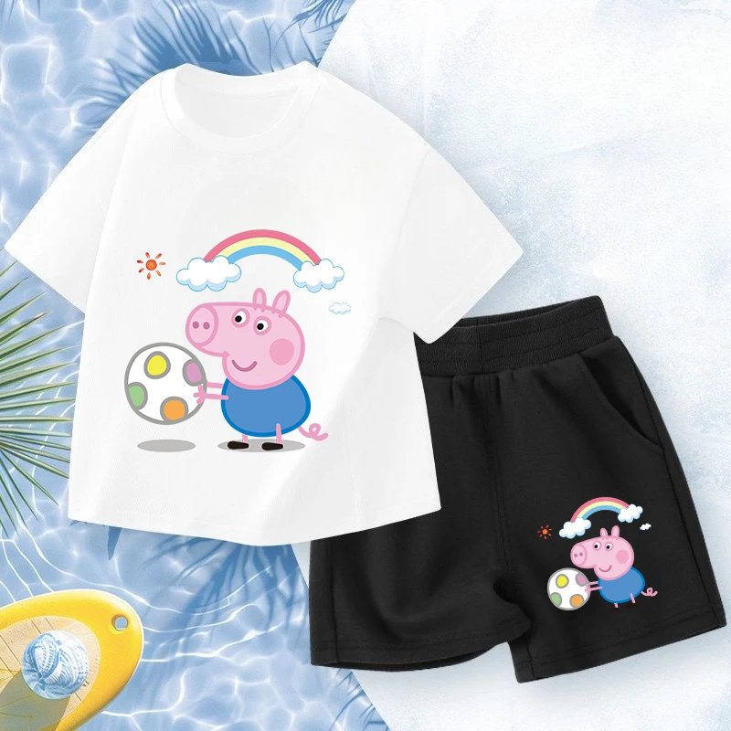 Conjunto de camiseta de verano para niña y niño de Peppa Pigs, ropa de algodón para niños, conjunto de 2 piezas de camisetas cortas + pantalones cortos, conjunto deportivo, trajes de verano