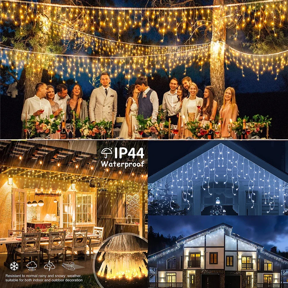 Guirxiété lumineuse extérieure de rideau de glaçon de LED, décoration de Noël, rue sur la maison, mariage d'hiver, nouvel an, 2024, 2025 V EU, 220