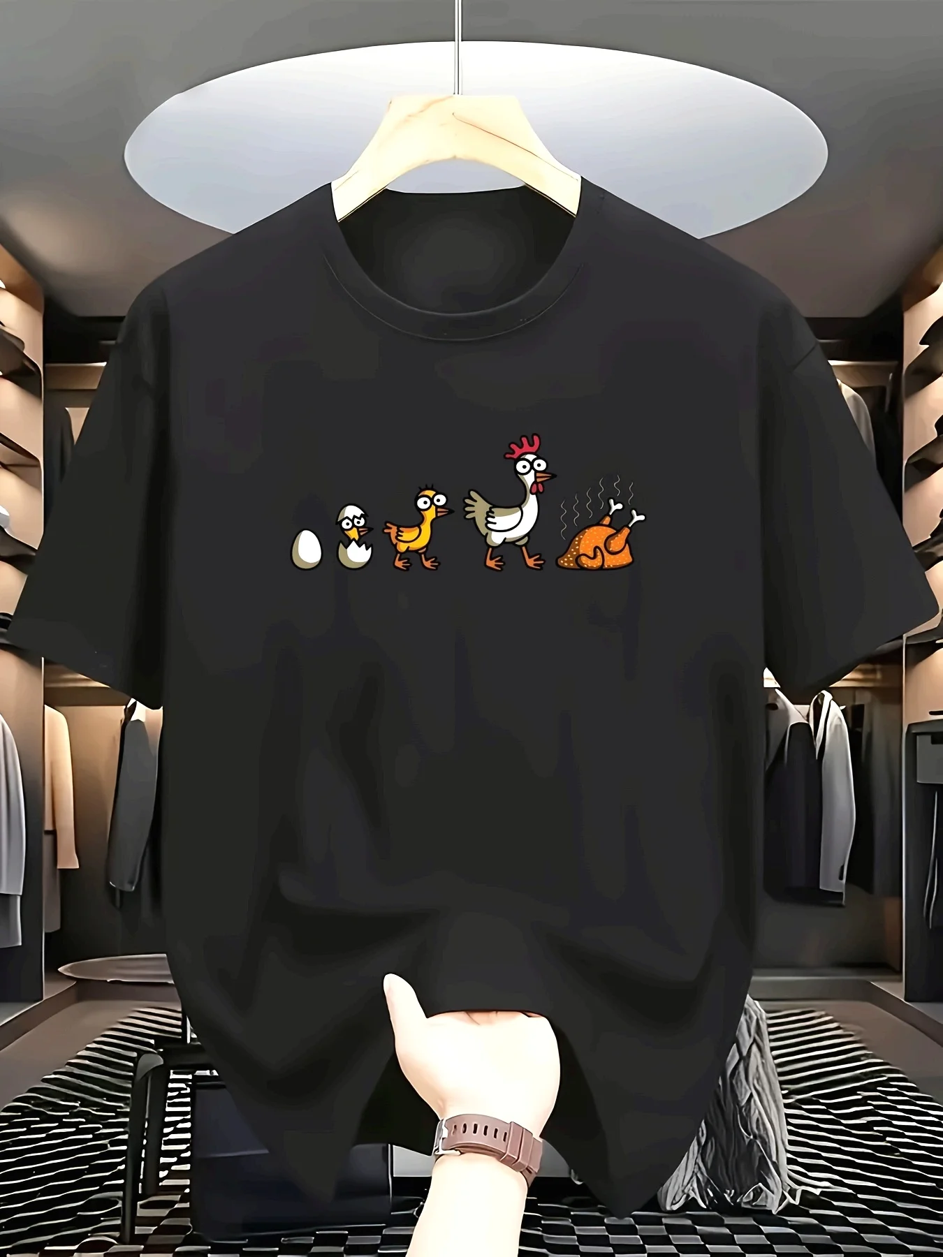 

Men'S 100% Cotton Short Sleeve T-Shirt with Cute Chicken Family Print, Crew Neck Casual Knit Fabric Tee All-Season Regular