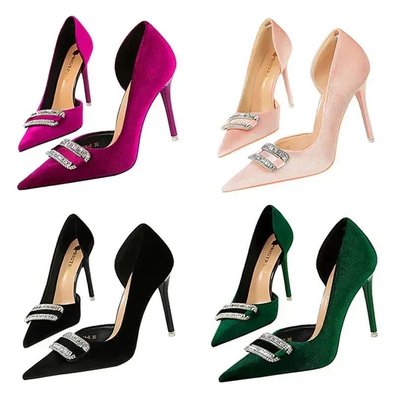 Zapatos de tacón alto de 2024 cm para mujer, calzado elegante de terciopelo con hebilla de cristal, color morado y verde, a la moda, para banquete, 10,5