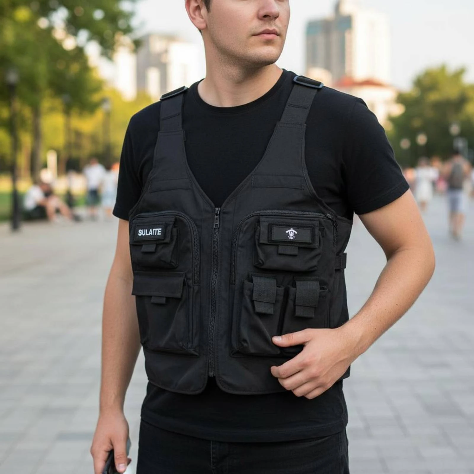 

Motorcycle Riding Vest Bag Structured Back Panel Dual-Purpose Vest Backpack Flap Pockets Front Zipper for Motorcyclists