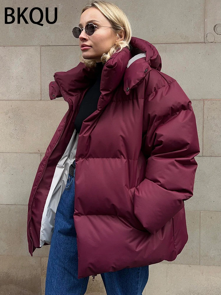 BKQU Wine Red Thick Warm Parkas Women Fall Winter Loose Long Sleeve Zipper Turtleneck Hooded Padded Jackets Coat 2024 Streetwear